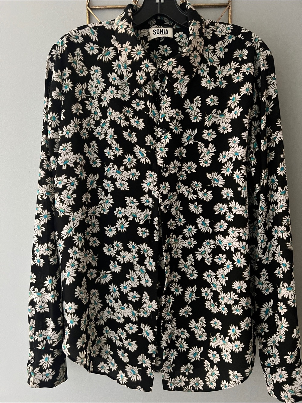 Sonia Rykiel Black Floral Button-Up Top with Teal Centers